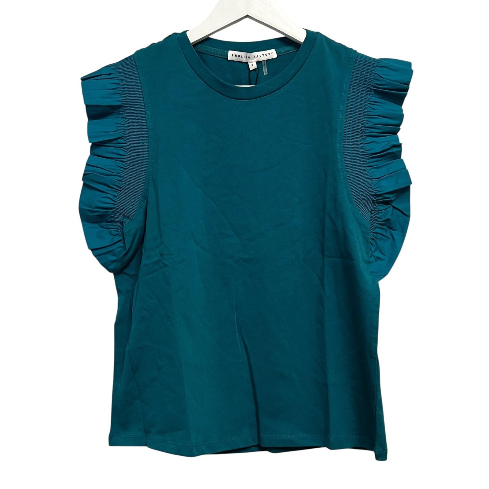 English Factory Shirt Womens Small Teal Blue Ruffle Flutter Sleeve Cotton Top